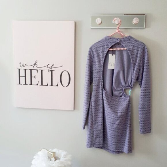 NWT Zara lilac jacquard print cut out back, heart detail side short dress, L - Picture 9 of 9